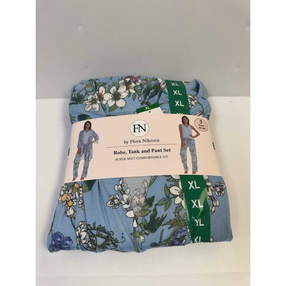 Flora Nikrooz Women’s 3-Piece Pajama Set Robe Tank Pants Blue Floral XL New